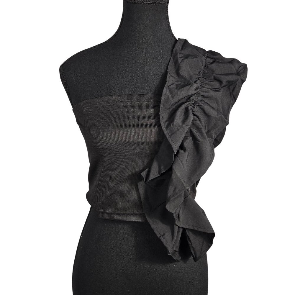 NWOT | One-Shoulder Ruffle Crop Top | Asymmetrical Architectural Detail | Large